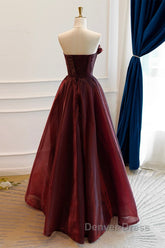 A-Line Burgundy Organza Burgundy Long Prom Dresses, Burgundy Long Evening Dresses